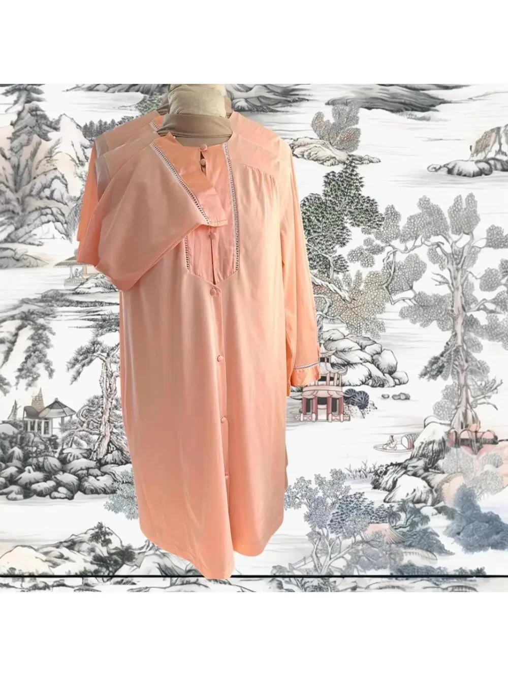 Vintage Gossard Artemis Nightgown Robe Set, Peach Satin Nylon, 1970s